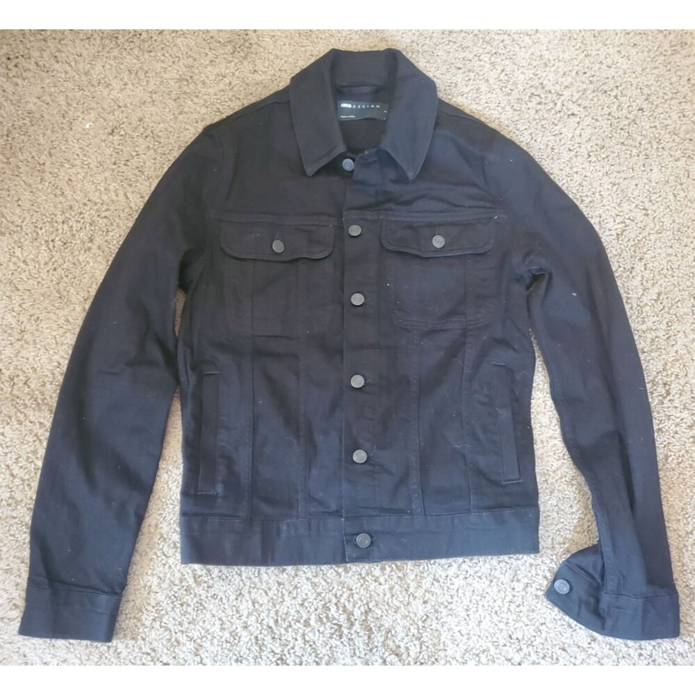 ASOS DESIGN Mens Small Black Denim Trucker Jacket Button Front Jean Coat Solid S